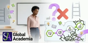 A thoughtful teacher looking at a stalled, blocked career path with Global Academia branding.